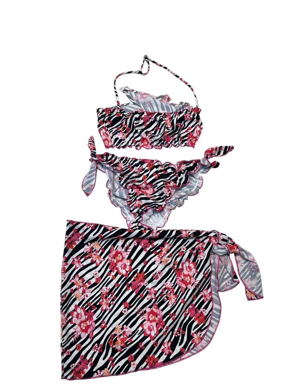 Teens Girls 10-12Y Pink Black Floral Zebra Print Two-Piece Swim Set with Sarong